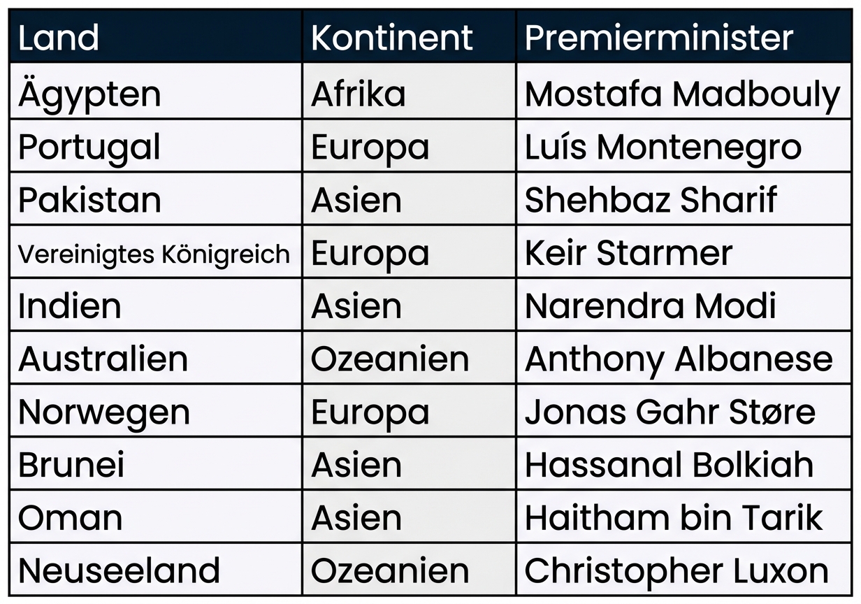 Die Tabelle „prime_ministers“ aus der Datenbank der Staatsoberhäupter mit drei Spalten: Land, Kontinent und Premierminister.