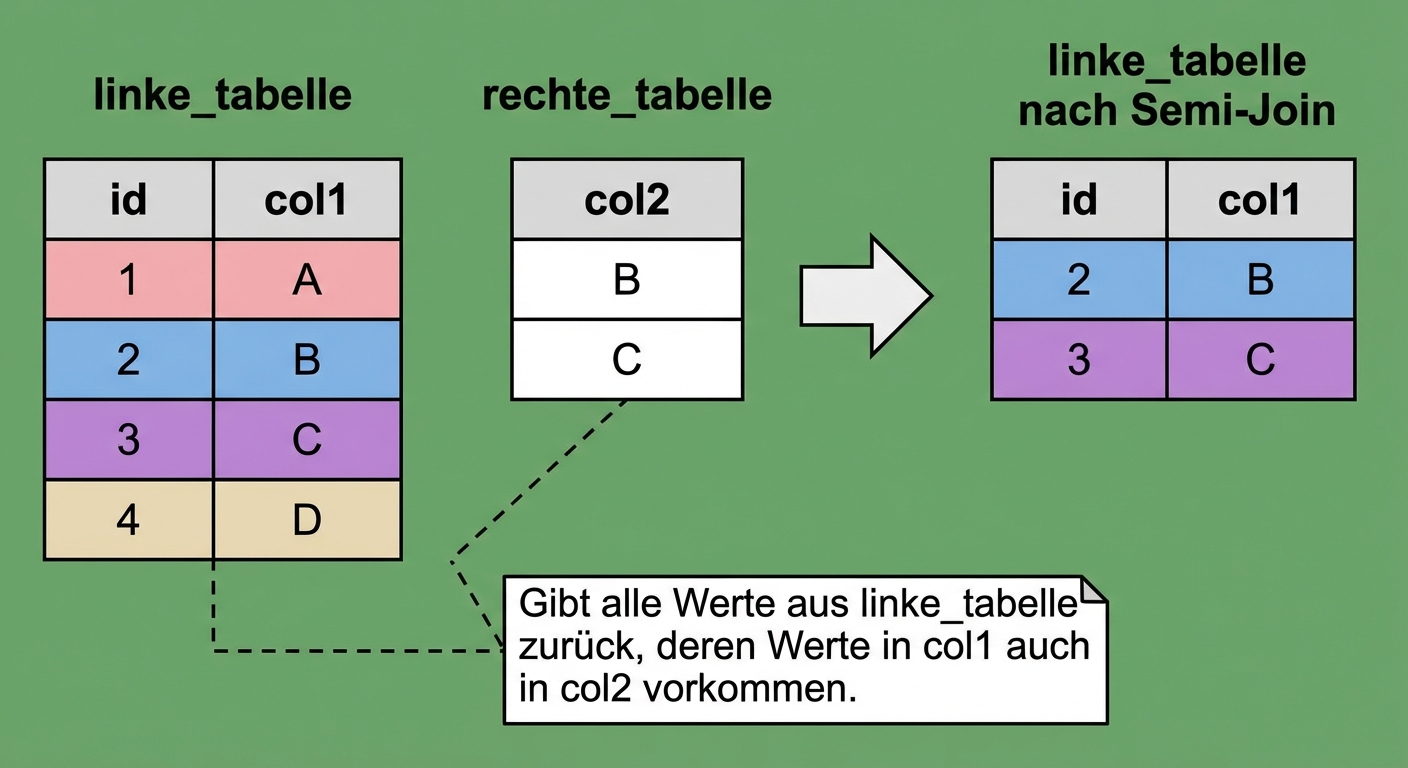 Ein Diagramm mit zwei Tabellen, „left_table“ und „right_table“. Das Ergebnis eines Semi Joins beider Tabellen wird auf der rechten Seite angezeigt. Es wurden nur Datensätze in left_table zurückgegeben, bei denen col1 eine Übereinstimmung in col2 gefunden hat. Diese entsprechen den IDs 2 und 3.