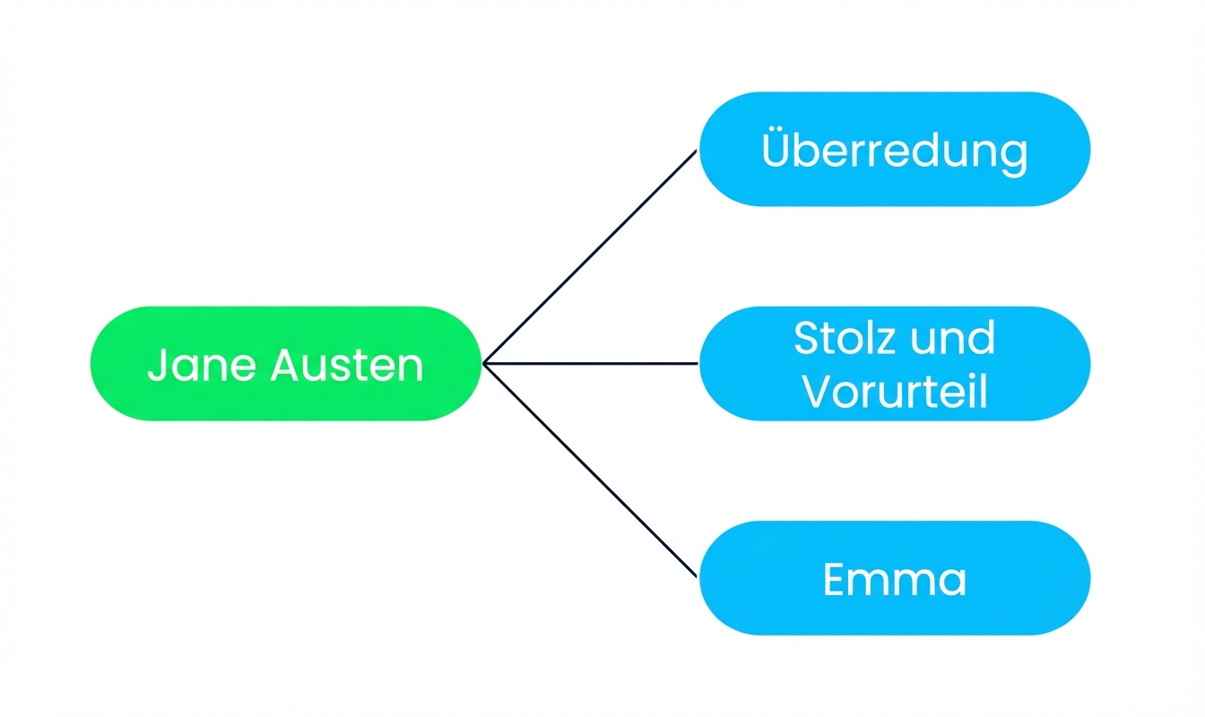 Ein Diagramm, das drei Bücher (Persuasion, Pride and Prejudice und Emma) zeigt, die mit einer Autorin, Jane Austen, verbunden sind.