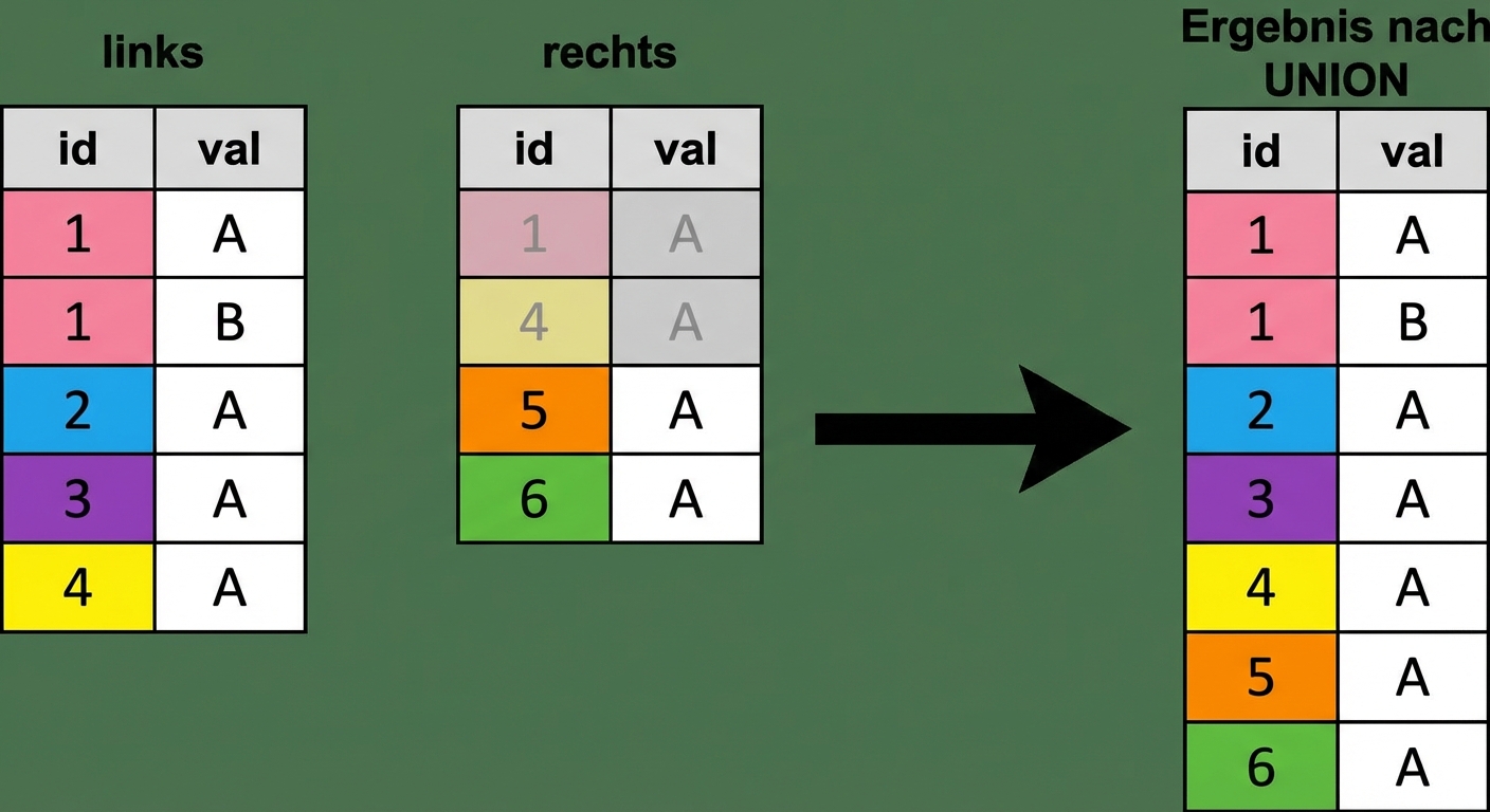 Ein Diagramm mit zwei Tabellen, links und rechts. Auf der rechten Seite des Diagramms siehst du, was passiert, wenn eine UNION-Operation auf die beiden Tabellen angewendet wird.