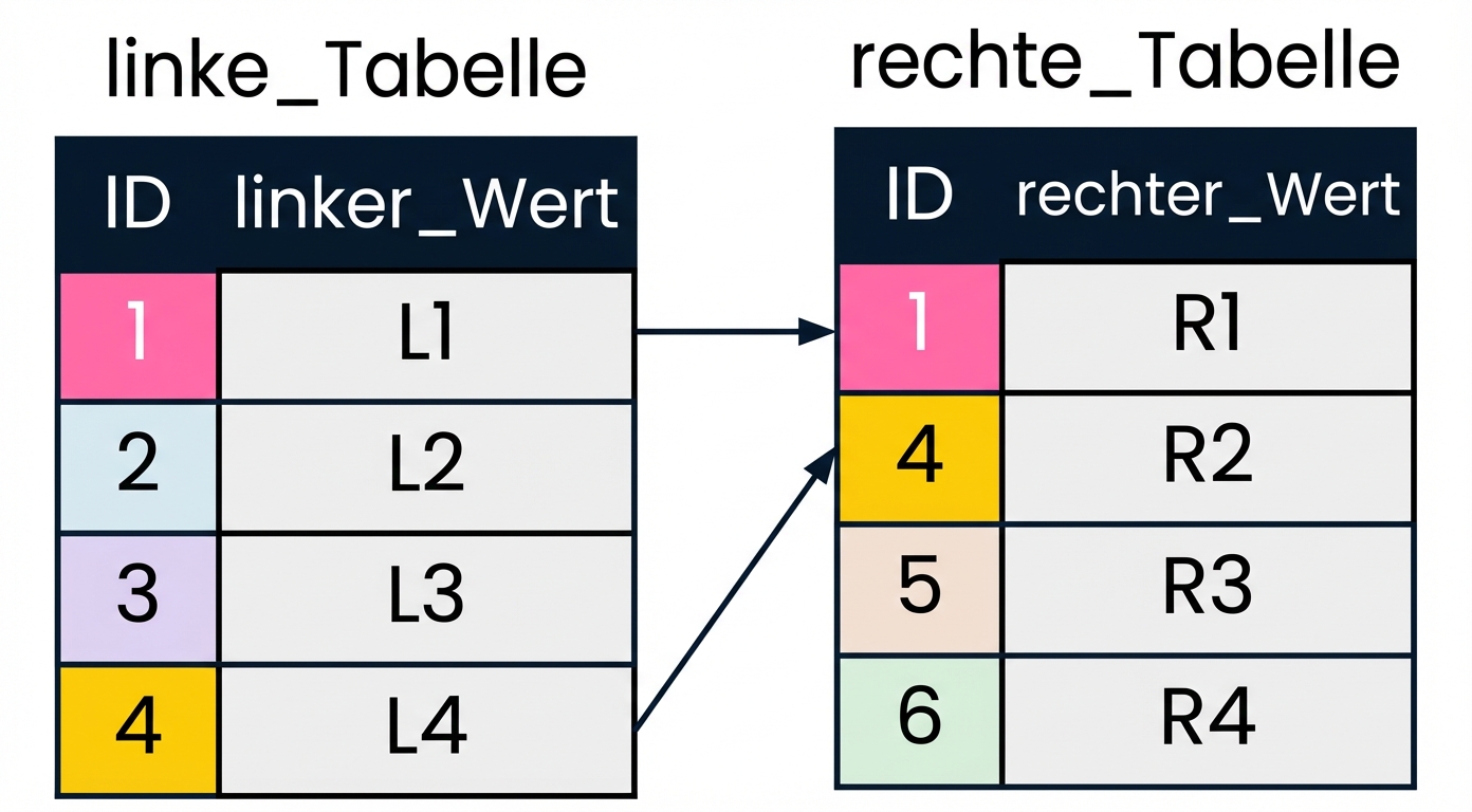 Ein Diagramm mit zwei Tabellen: left_table und right_table. Gleiche ID-Werte in der linken und rechten Tabelle werden in derselben Farbe angezeigt und mit Pfeilen verbunden. Einträge, die für INNER JOIN nicht interessant sind, wurden ausgeblendet.