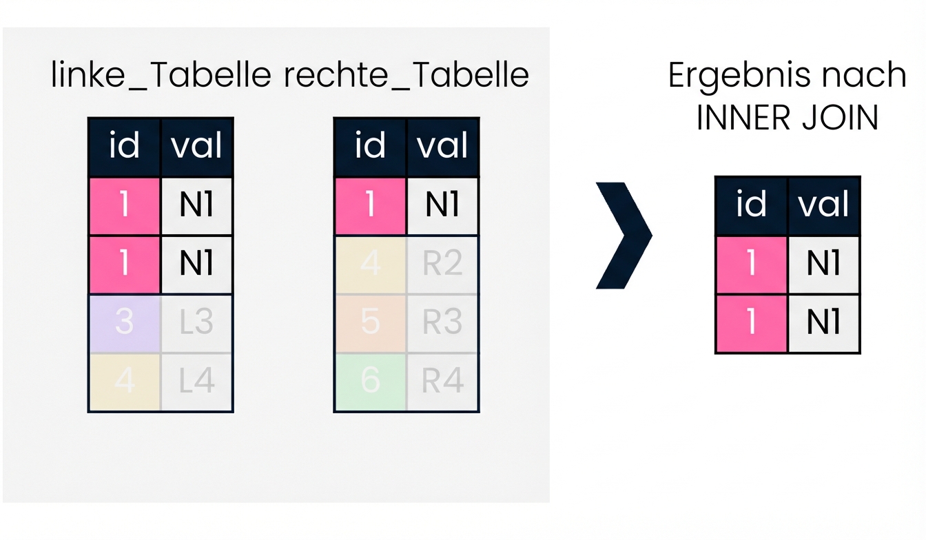 Ein Diagramm mit zwei Tabellen, links und rechts. Auf der rechten Seite des Diagramms siehst du, was passiert, wenn ein INNER JOIN auf die beiden Tabellen angewendet wird.