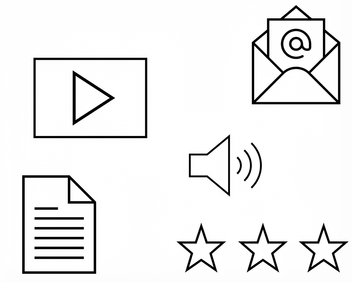 Symbole für Video, Text, E-Mail, Audio und Sterne