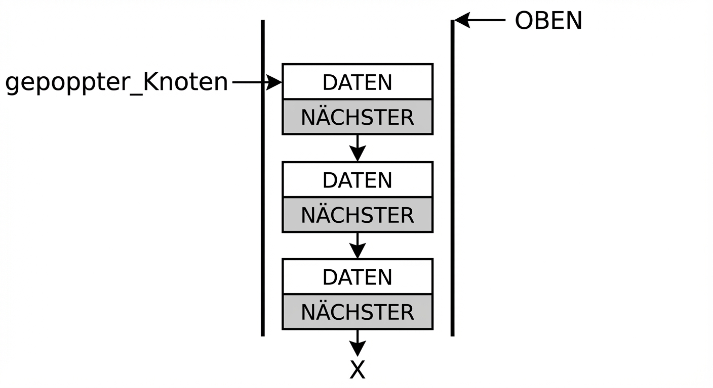 Ein Stack mit „popped_node“, das auf den obersten Knoten zeigt.