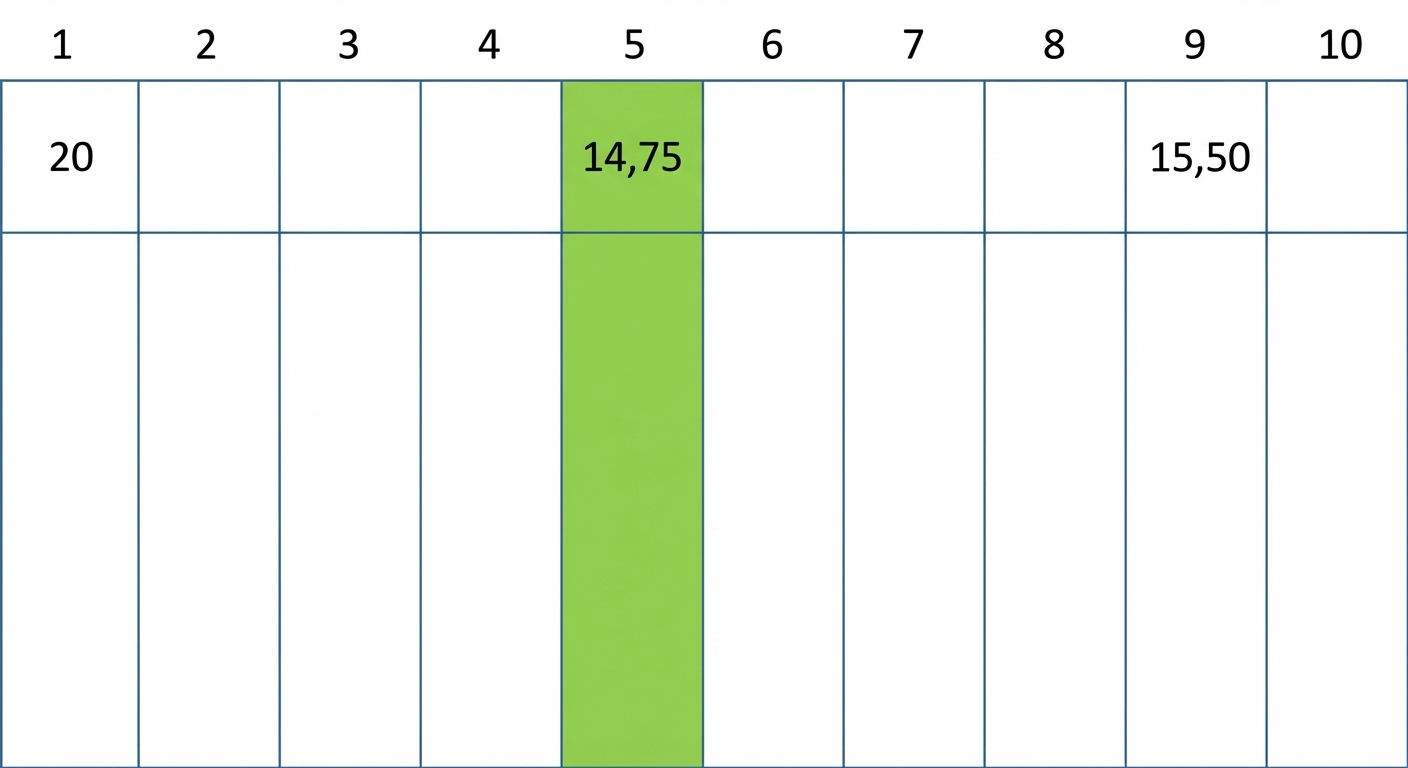 Schematische Darstellung einer Hashtabelle mit einigen Werten. Der Wert an der fünften Position ist grün markiert.