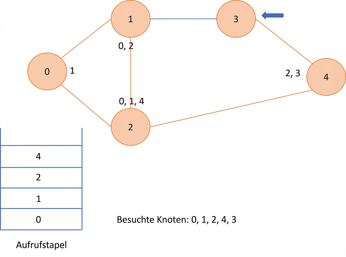 Grafische Darstellung der Tiefensuche in einem Graphen.