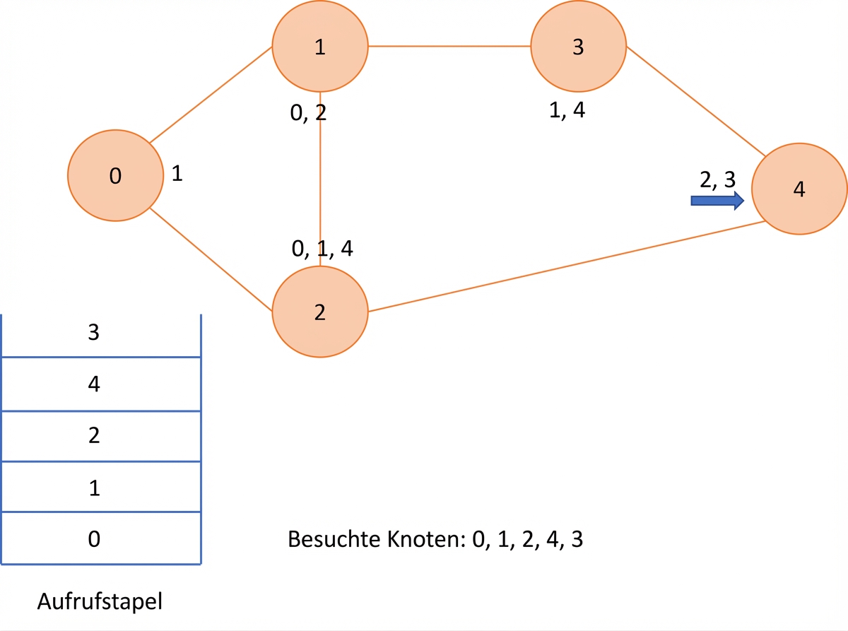 Grafische Darstellung der Tiefensuche in einem Graphen.