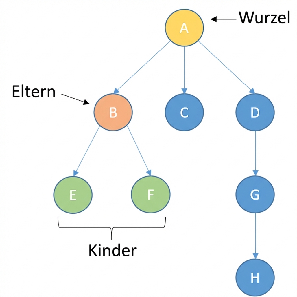 Ein Bild eines Baums mit Knoten. Der Wurzelknoten ist gelb markiert. Ein Elternknoten ist orange und seine Kinder sind grün.