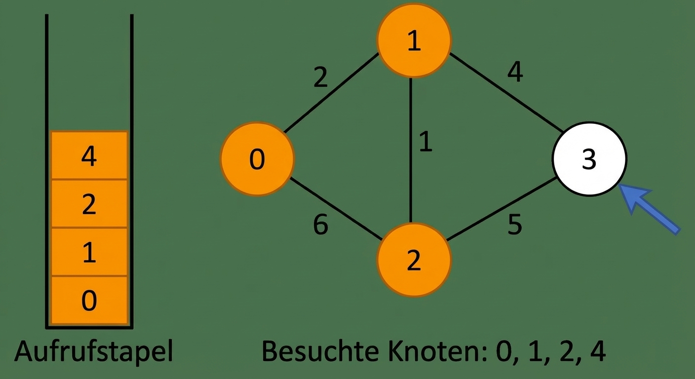 Grafische Darstellung der Tiefensuche in einem Graphen.
