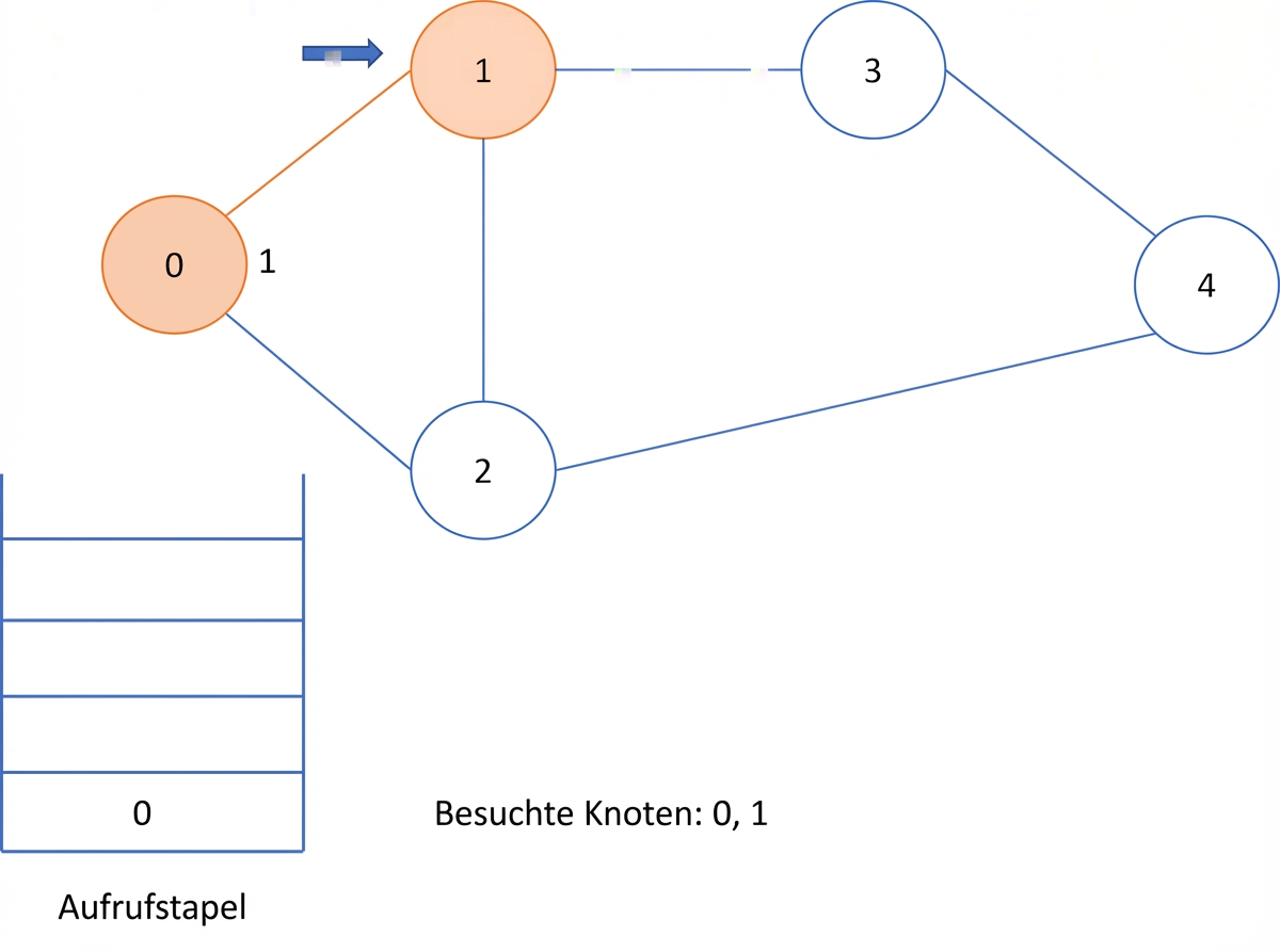 Grafische Darstellung der Tiefensuche in einem Graphen.