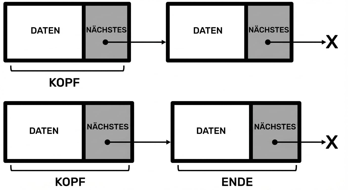 Die Darstellung einer verketteten Liste mit dem Wort "TAIL" im letzten Knoten.