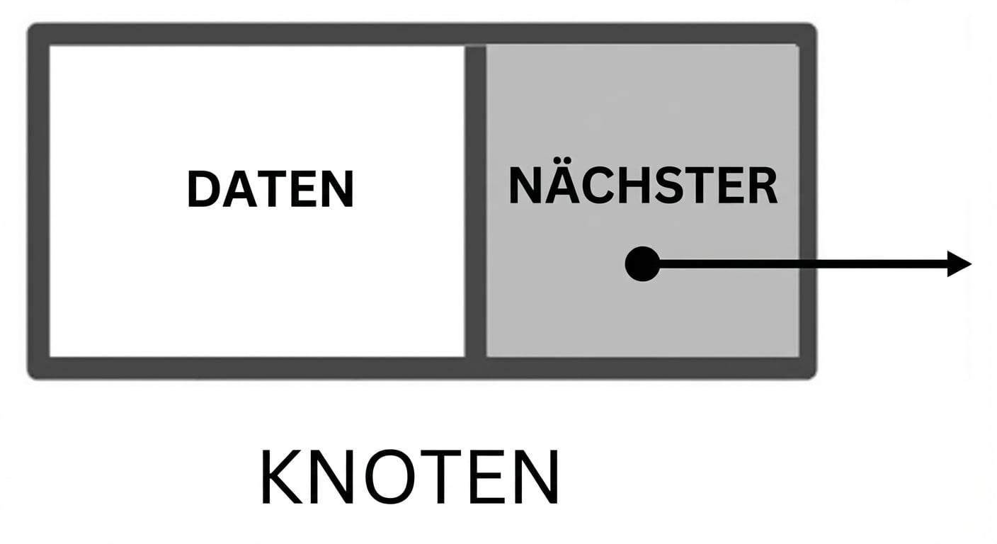 Die Darstellung eines Knotens in einer verketteten Liste mit den Wörtern "DATA" im ersten Teil und "NEXT" mit einem Zeiger im zweiten Teil.