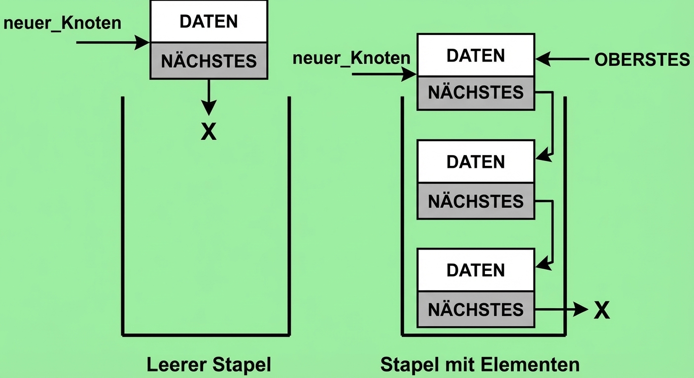 Leerer und gefüllter Stack, wobei der neue Knoten mit dem obersten Element verbunden ist.
