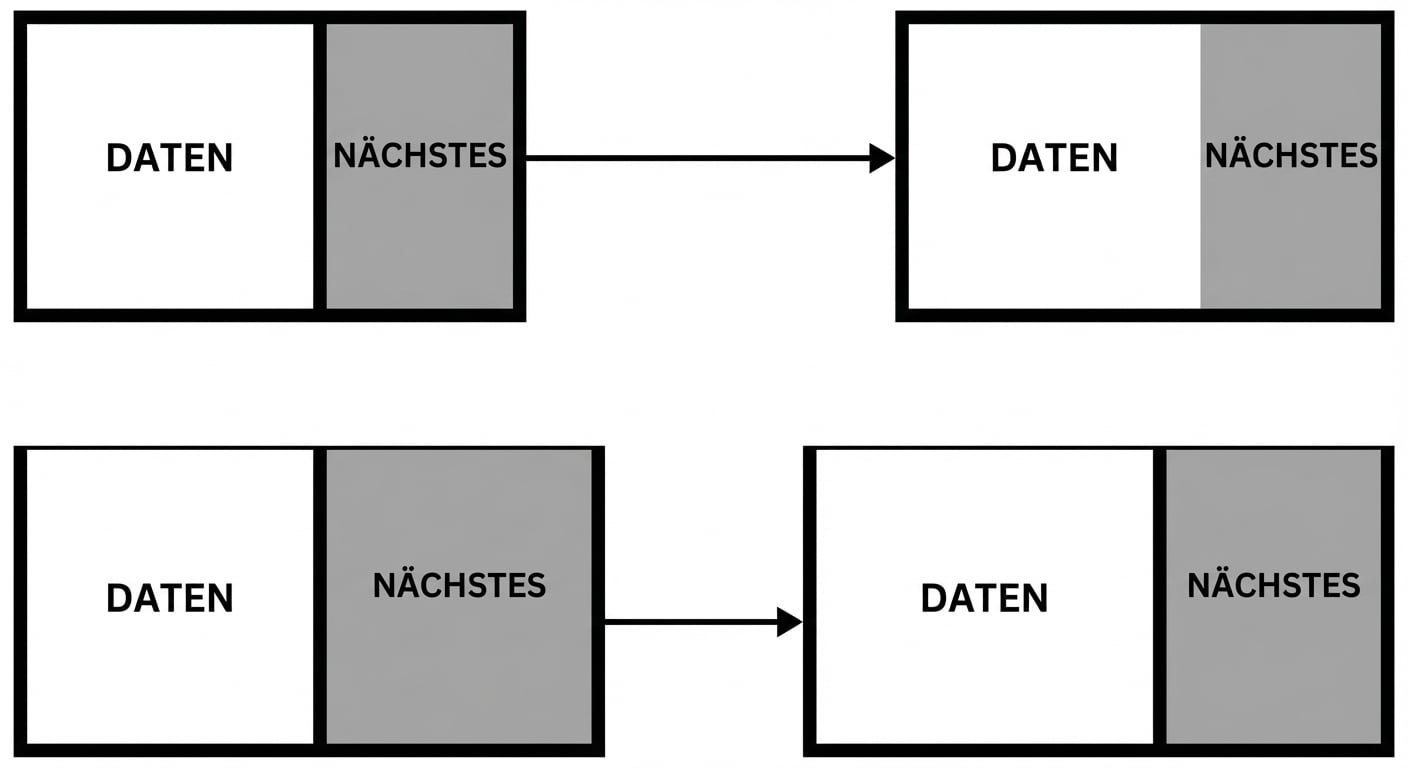 Die Darstellung mehrerer Knoten einer verketteten Liste, verbunden durch Links.