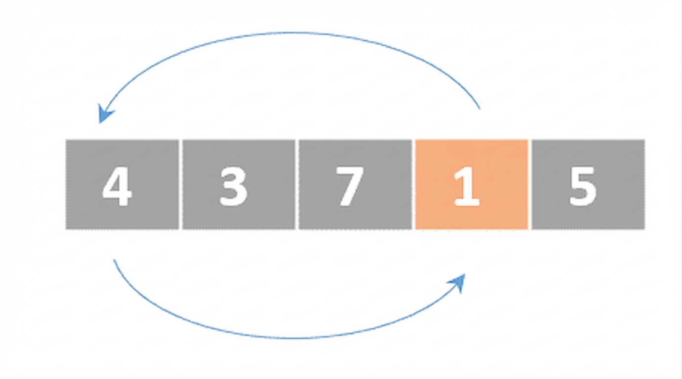 Schematische Darstellung einer Liste mit unsortierten Zahlen. Das vierte Element ist orange markiert. Zwei Pfeile zeigen, dass das erste und das vierte Element getauscht werden.