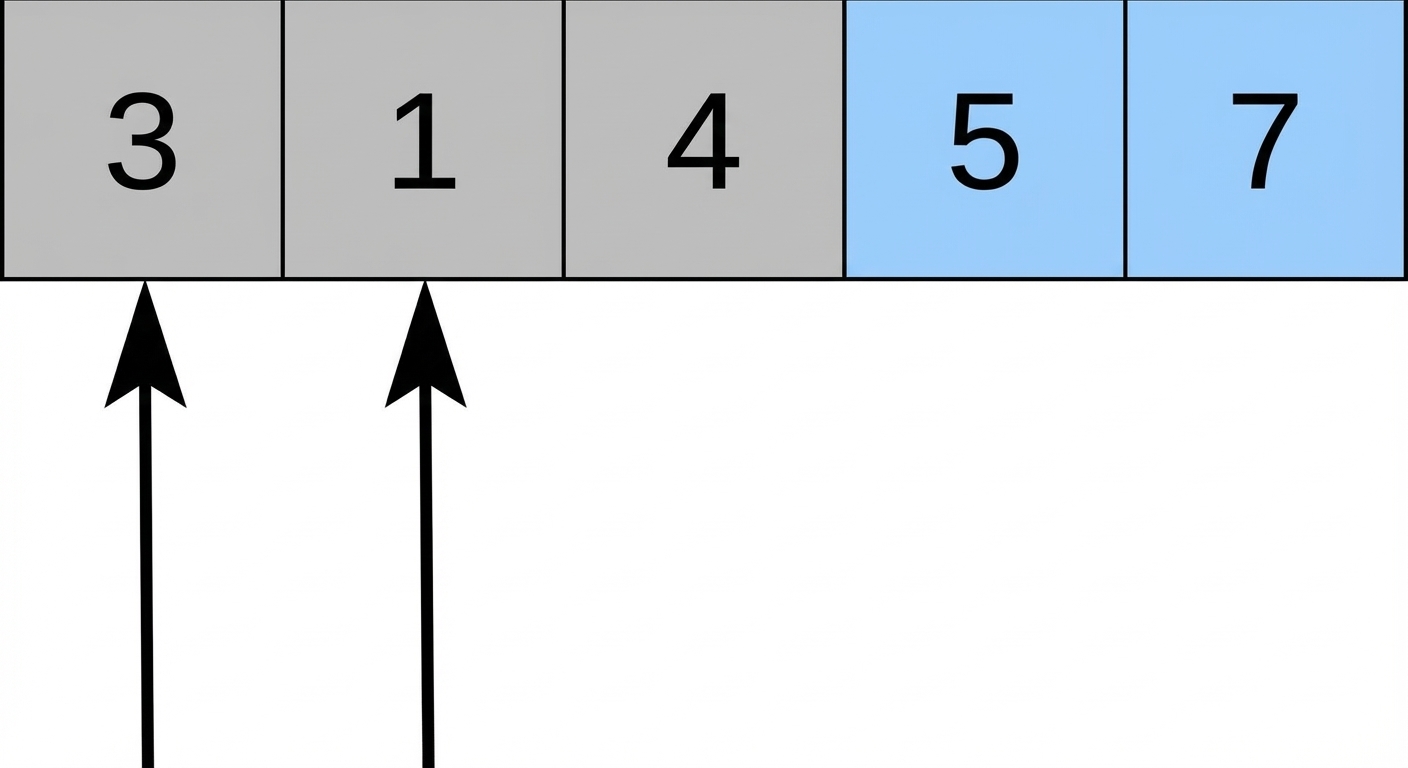 Schematische Darstellung einer Liste mit ungeordneten Zahlen. Ein Zeiger zeigt auf das erste Element, ein weiterer auf das zweite. Die letzten zwei Elemente sind blau markiert.