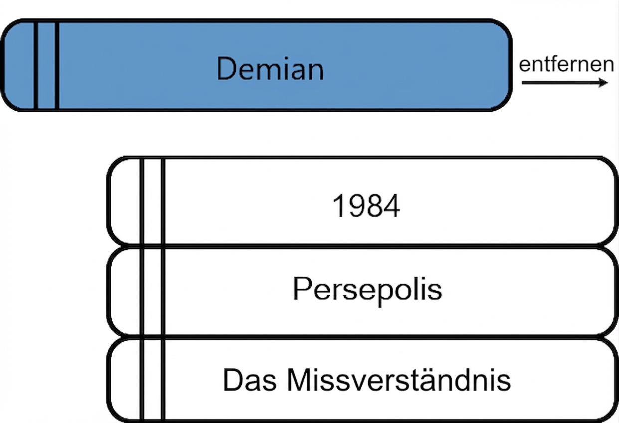 Ein Stapel Bücher, bei dem oben ein Buch entnommen wird.