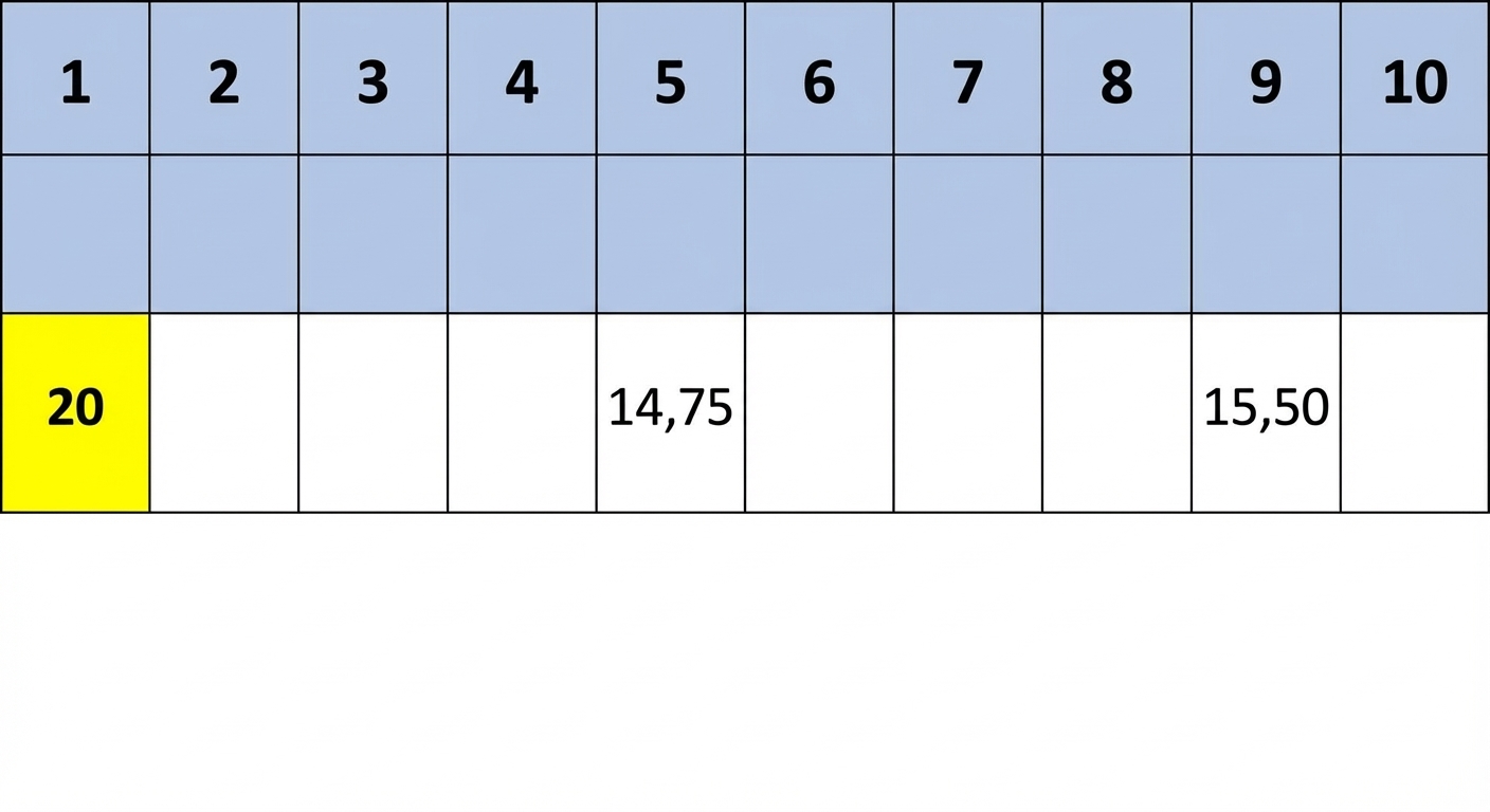 Schematische Darstellung einer Hashtabelle mit einigen Werten. Der Wert an der ersten Position ist gelb markiert.