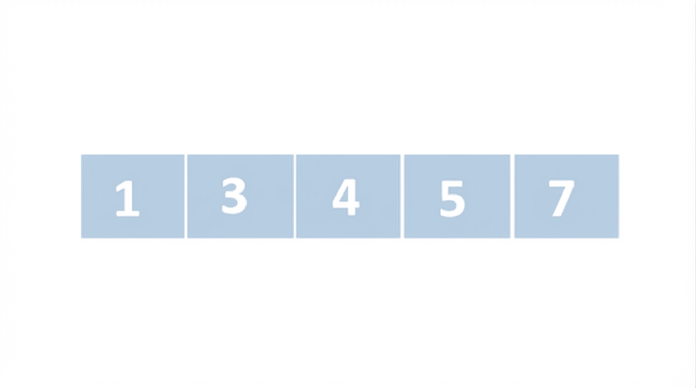 Schematische Darstellung einer Liste mit unsortierten Zahlen. Das erste, zweite, dritte und vierte Element sind blau markiert. Das fünfte Element wurde angehoben. Das angehobene Element steht nun an vierter Position.