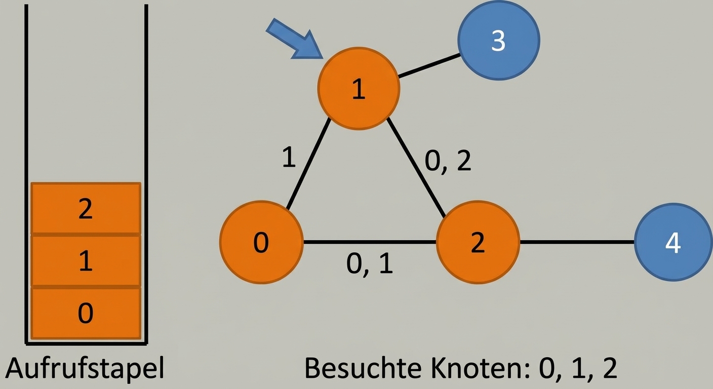 Grafische Darstellung der Tiefensuche in einem Graphen.
