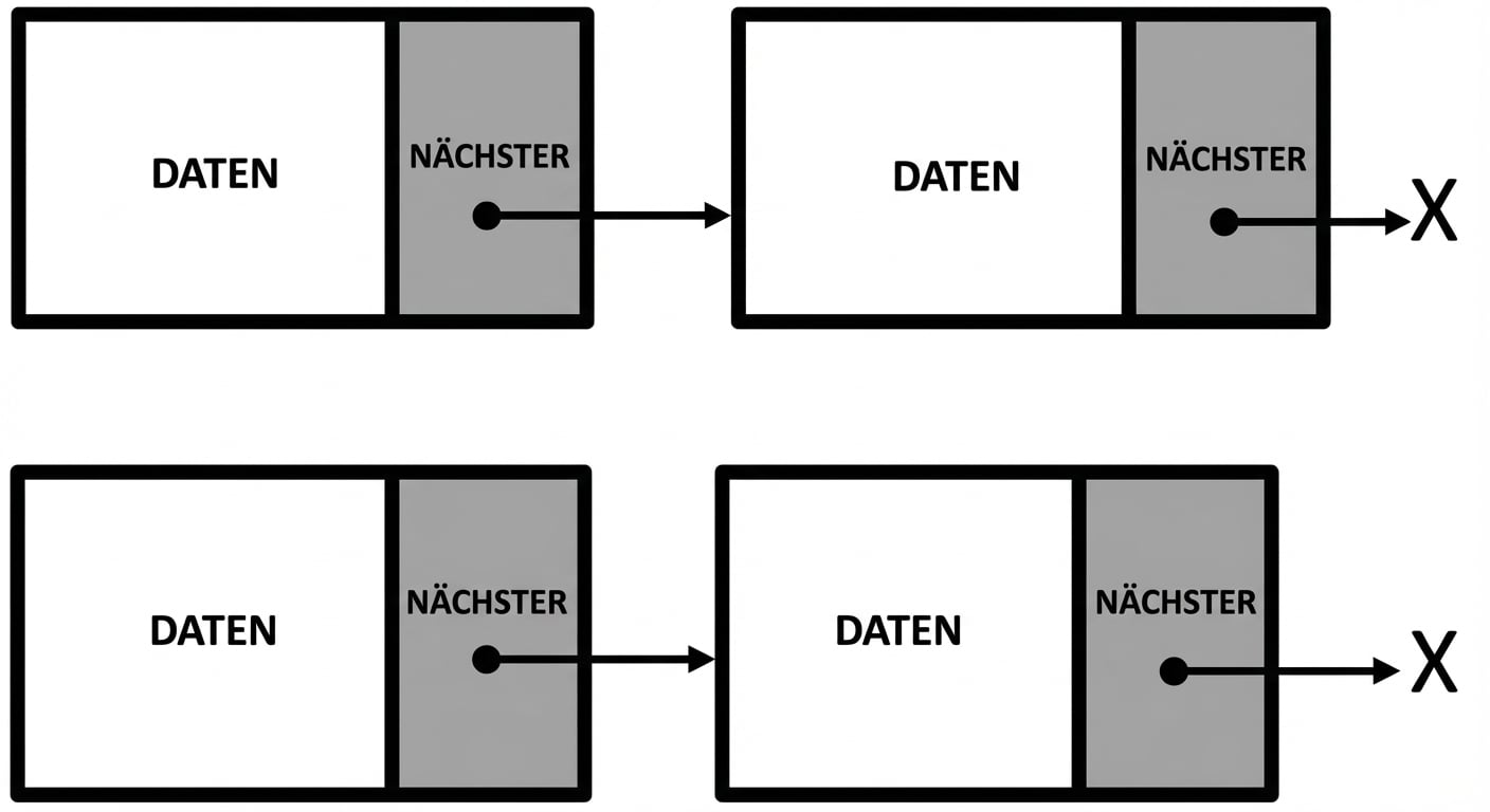 Die Darstellung einer verketteten Liste, bei der der letzte Knoten auf null zeigt.