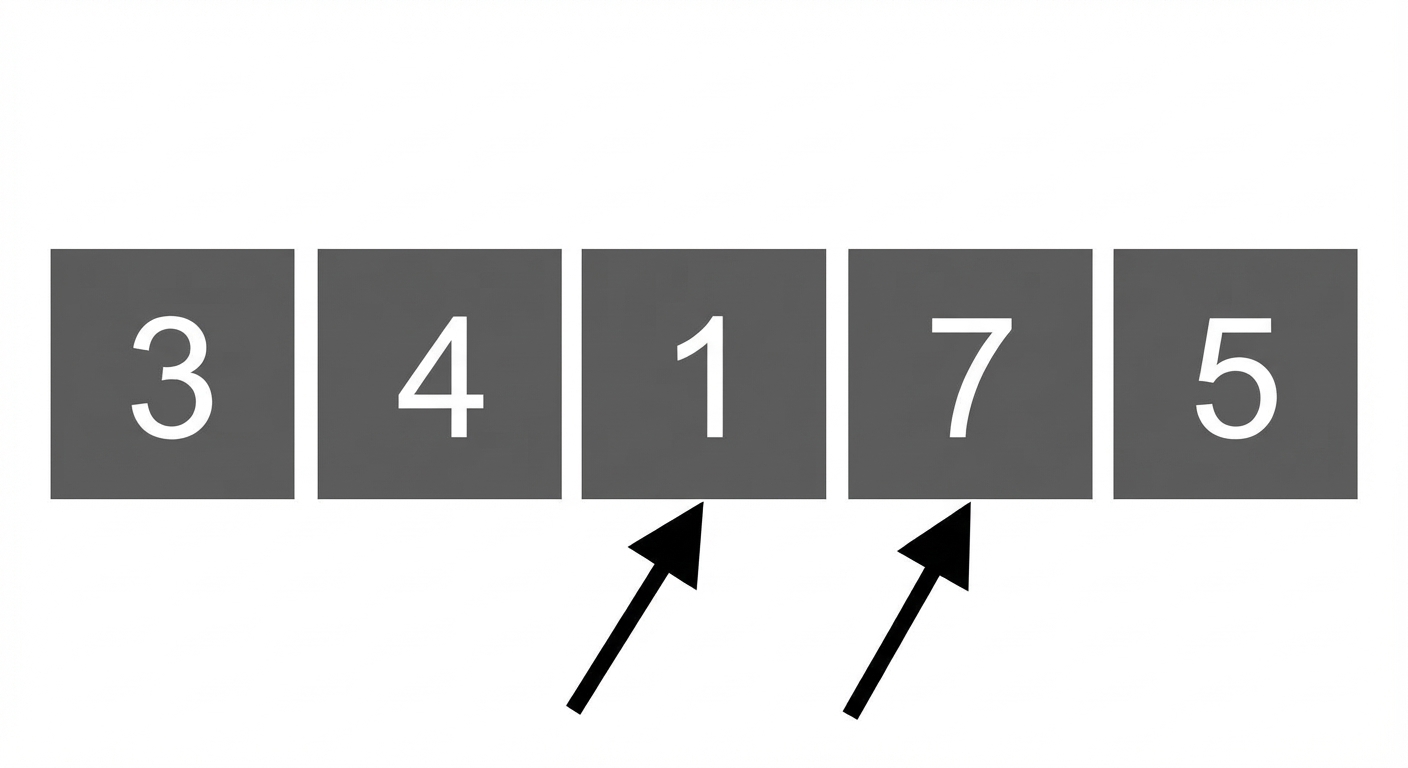Schematische Darstellung einer Liste mit ungeordneten Zahlen. Ein Zeiger zeigt auf das dritte Element, ein weiterer auf das vierte. Das dritte und das vierte Element wurden vertauscht.