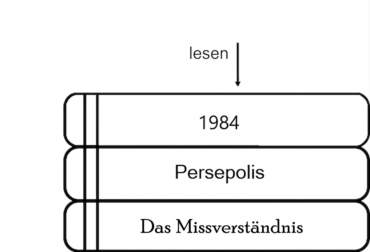 Ein Stapel Bücher mit einem Pfeil auf das Cover des obersten Buchs.