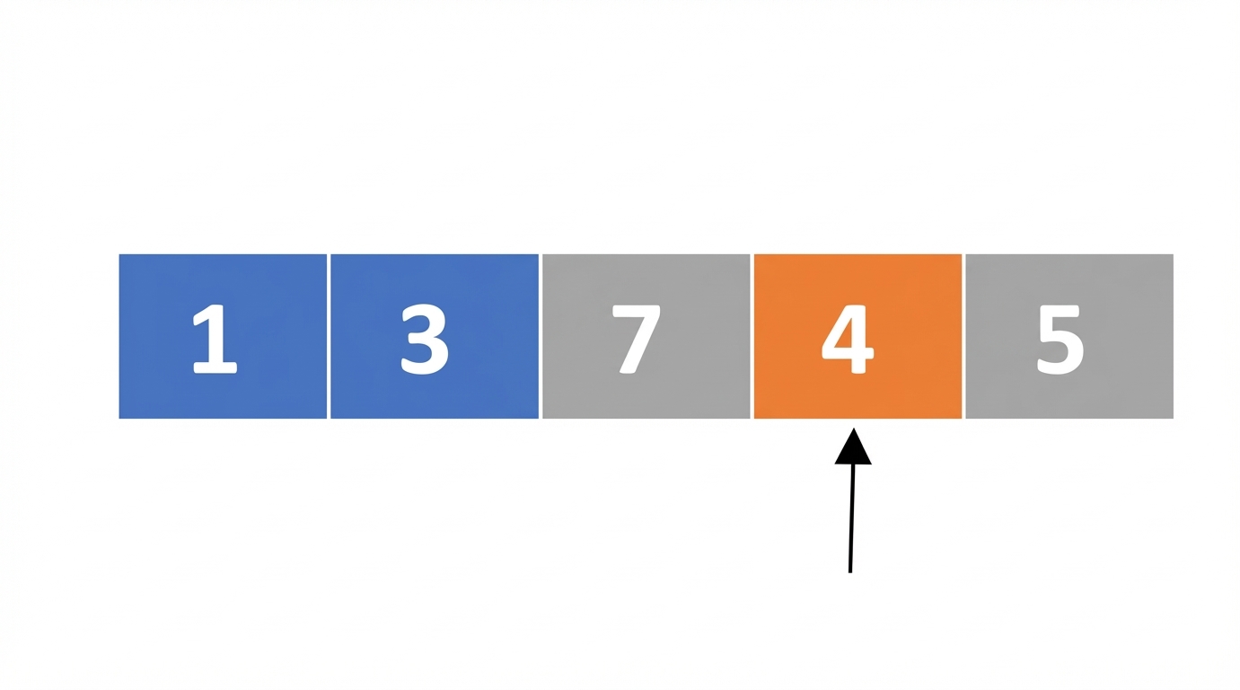 Schematische Darstellung einer Liste mit unsortierten Zahlen. Das erste und zweite Element sind blau, das vierte orange markiert. Ein Zeiger zeigt auf das vierte Element.