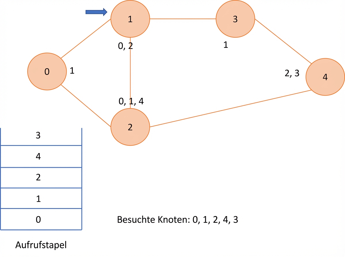 Grafische Darstellung der Tiefensuche in einem Graphen.