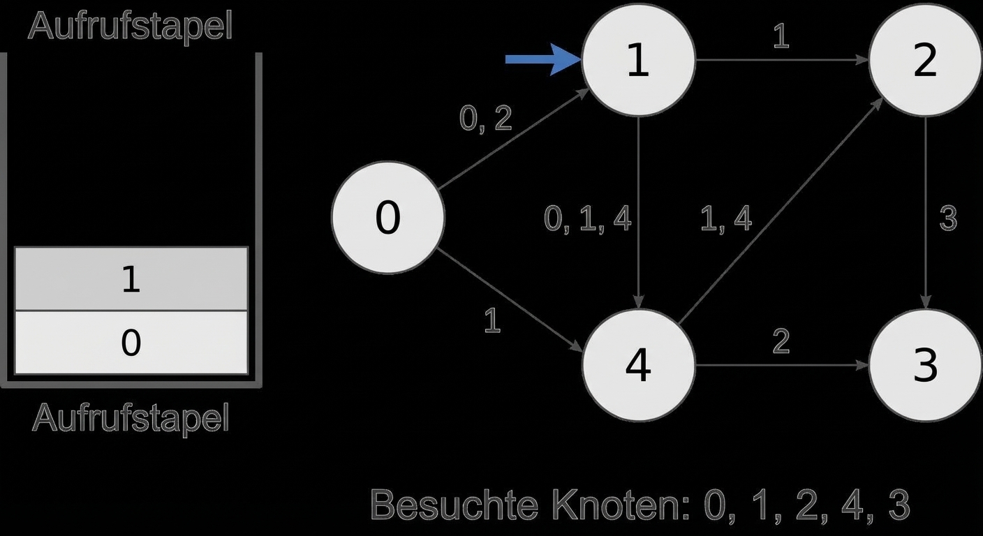 Grafische Darstellung der Tiefensuche in einem Graphen.