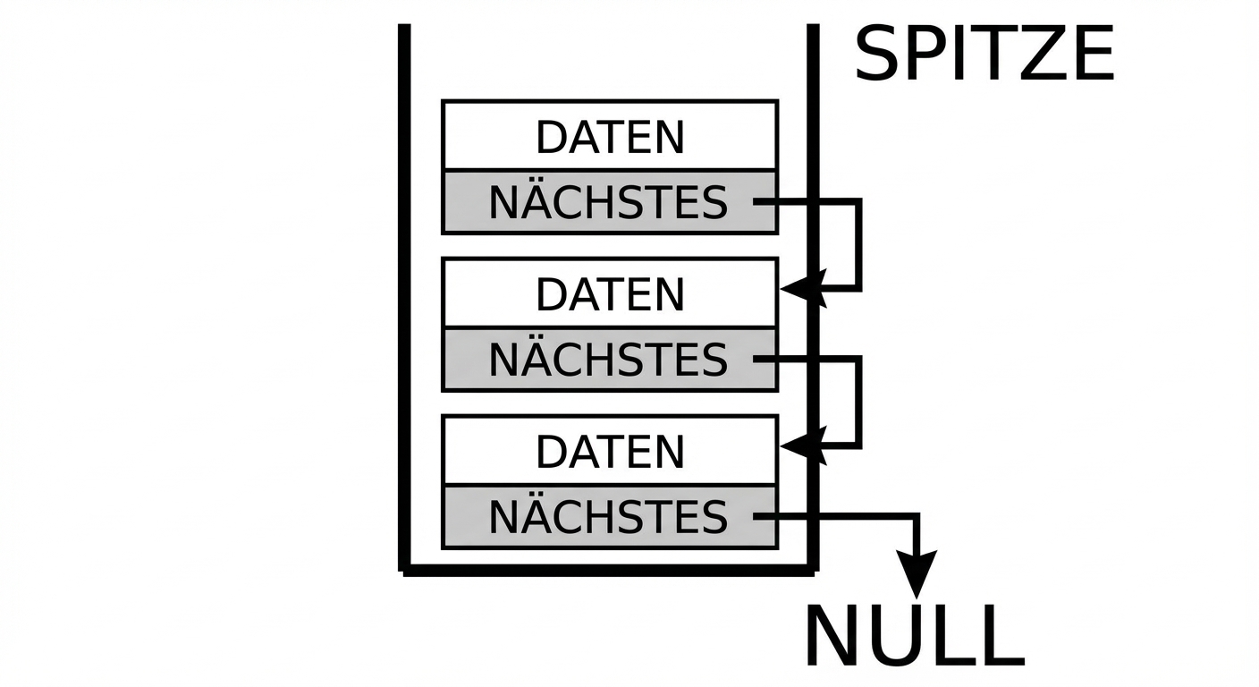 Ein als verkettete Liste dargestellter Stack mit „TOP“, das auf die Spitze zeigt.