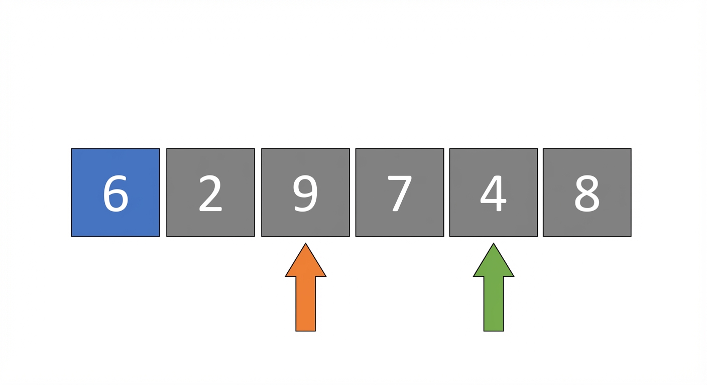 Ein schematisches Diagramm einer Liste mit ungeordneten Zahlen. Das erste Element ist blau markiert. Es gibt zwei Zeiger. Der linke zeigt auf das dritte Element, der rechte auf das fünfte.
