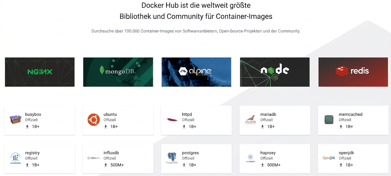 Docker Hub is the world's largest library and community for container images. Browse over 100,000 container images from software vendors, open-source projects, and the community. Some examples of the most downloaded images: Nginx, mongoDB, alpine linux, nodejs, redis, busybosx and many more.