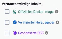 Docker Hub has three Trusted Content filters, Docker Official Images, Verified Publisher images and Sponsored OSS images