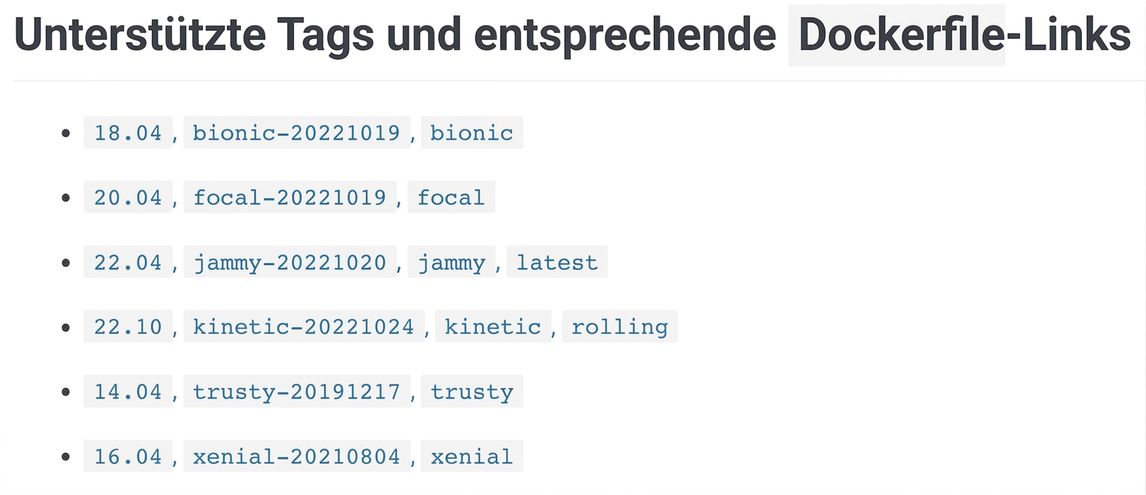 Docker Images have many versions or tags, the example here shows 6 versions of the ubuntu images. For example 18.04 which also has the tag bionic.