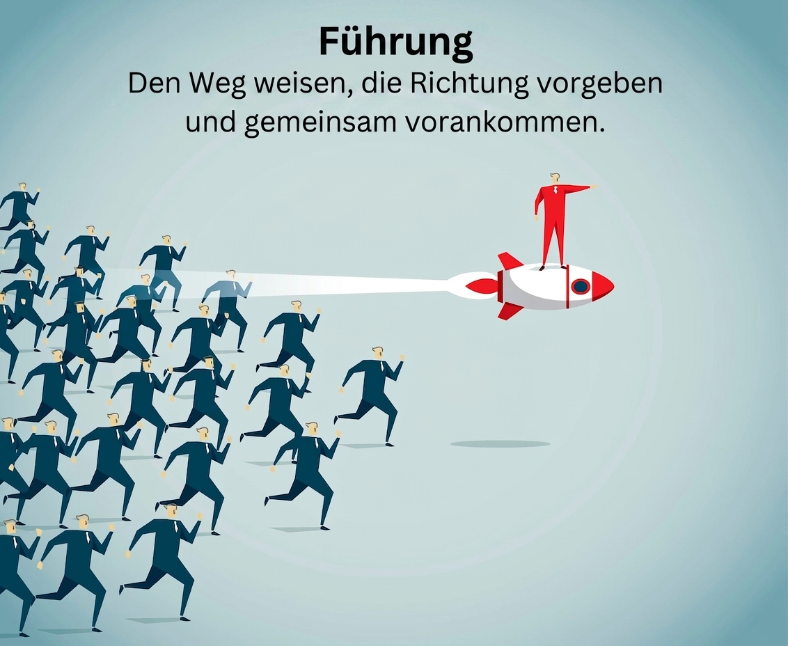 Mann auf Rakete führt eine Gruppe von Anhängern an