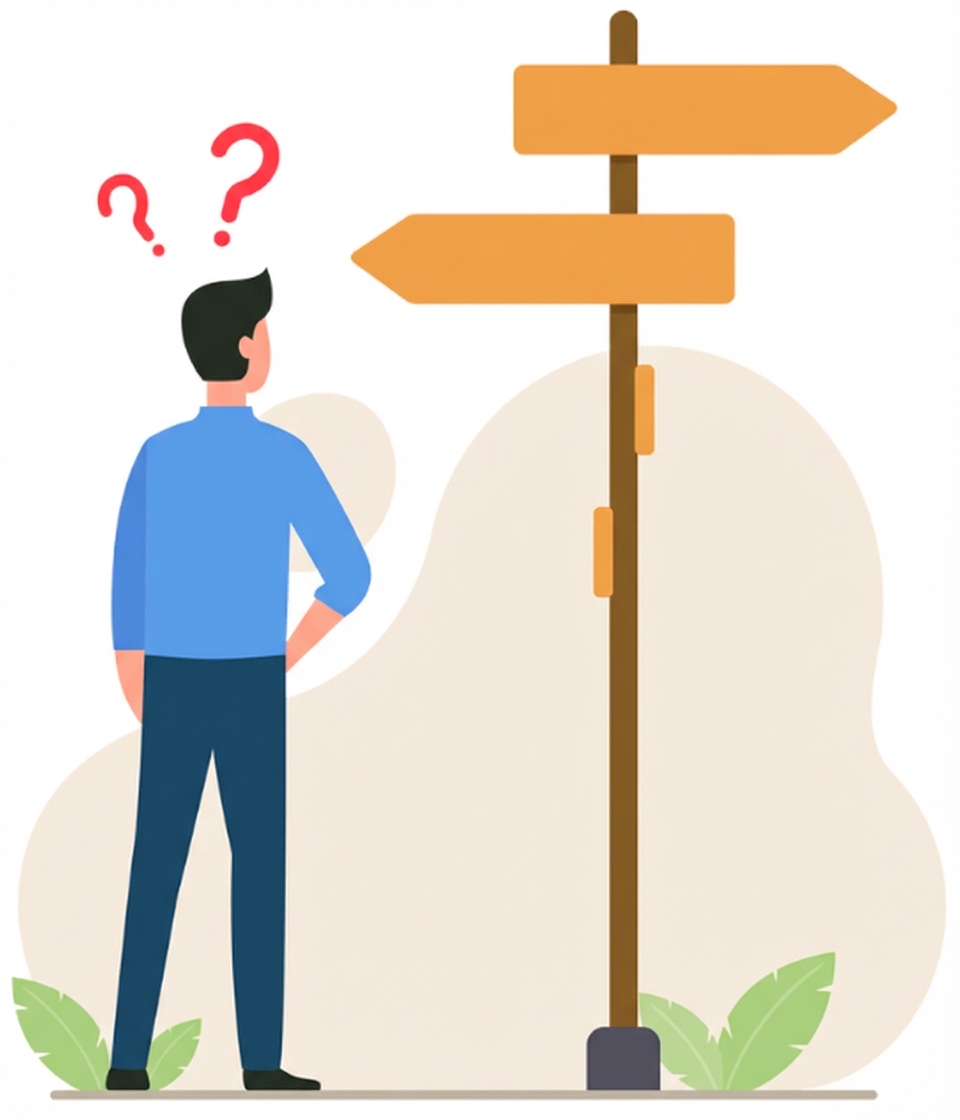 Mann steht an Weggabelung