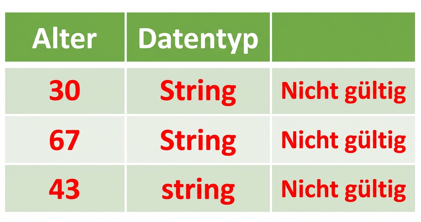 Tabelle mit drei Spalten, wobei die erste Spalte „Alter” heißt und als Datentyp „Zeichenkette” aufgeführt ist, die als ungültig markiert ist.