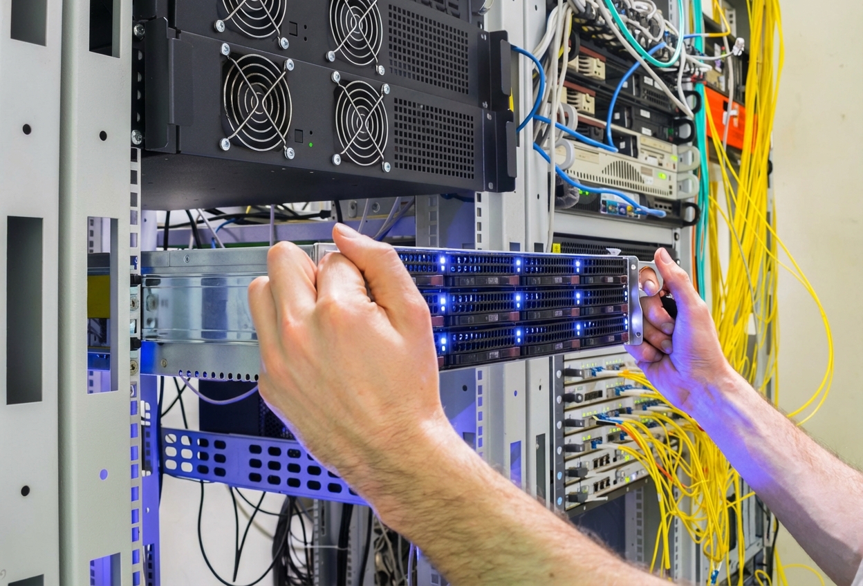 Ein neuer Server wird in ein Rack mit Computer-Equipment eingebaut.