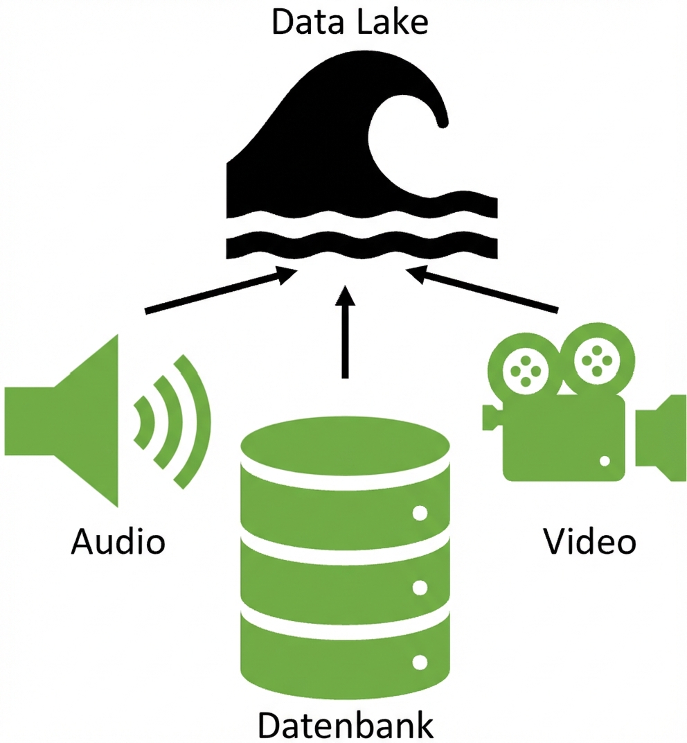 Eine Audio- und Videodatei zusammen mit einer Datenbank, die einen Data Lake speist