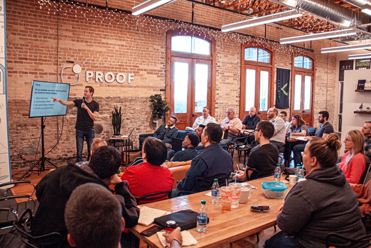 Jemand erläutert in einem offenen Raum mit Ziegelwänden und vor Menschen in legerer Kleidung einen Bericht auf einem Flachbildschirm.