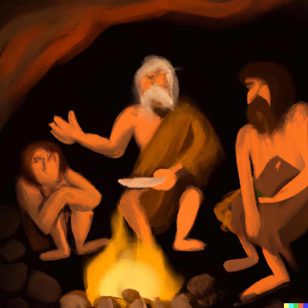 Höhlenmenschen sitzen um ein Feuer herum und erzählen Geschichten.