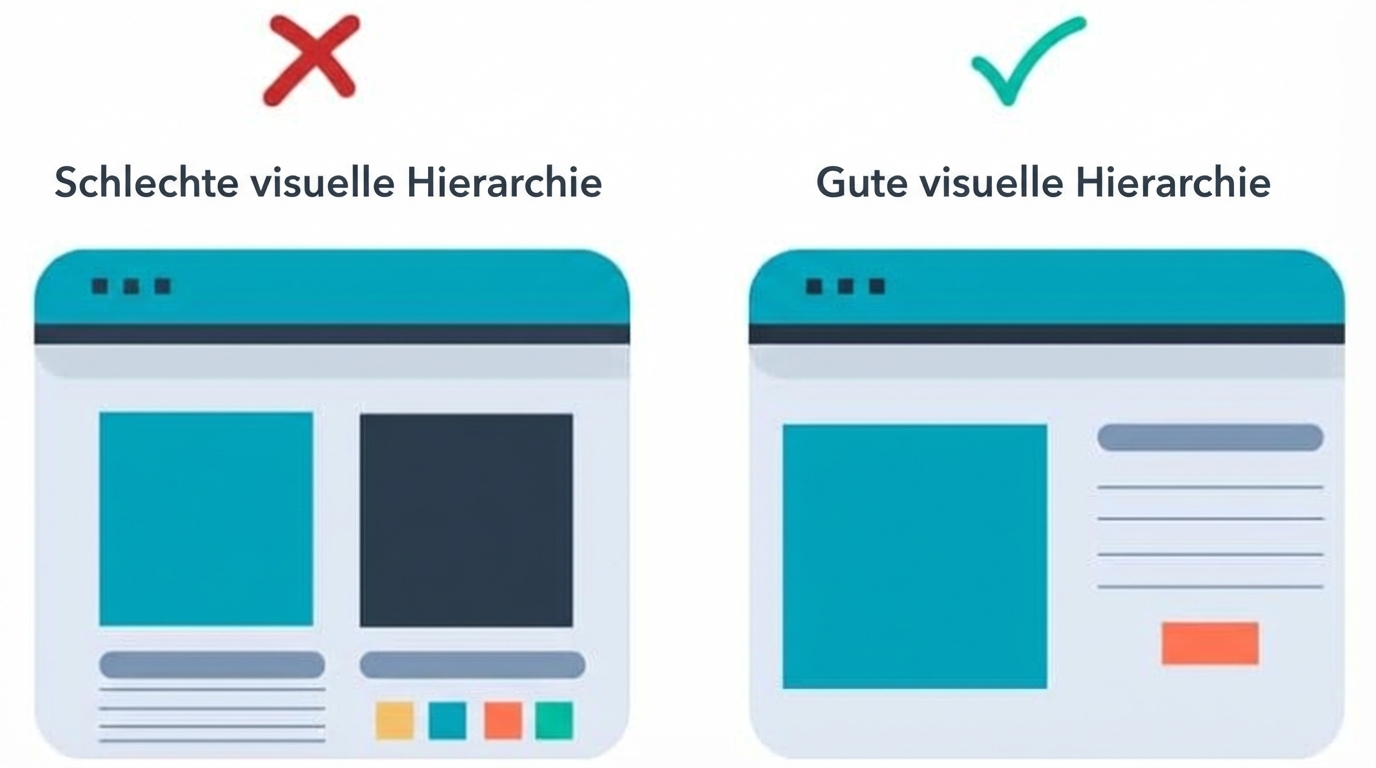 Eine schlechte visuelle Hierarchie auf einer Website voller Elemente ohne relative Bedeutung. Eine gute visuelle Hierarchie nutzt dagegen Farben, Größe und die Beziehung im Raum, um das Verständnis zu fördern