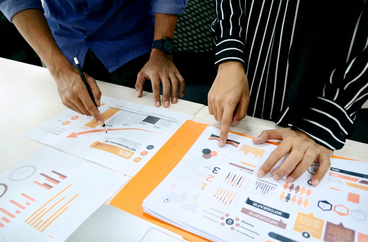 Zwei Leute schauen auf gedruckte Daten, die auf einem Schreibtisch liegen, und markieren Teile mit einem Bleistift.