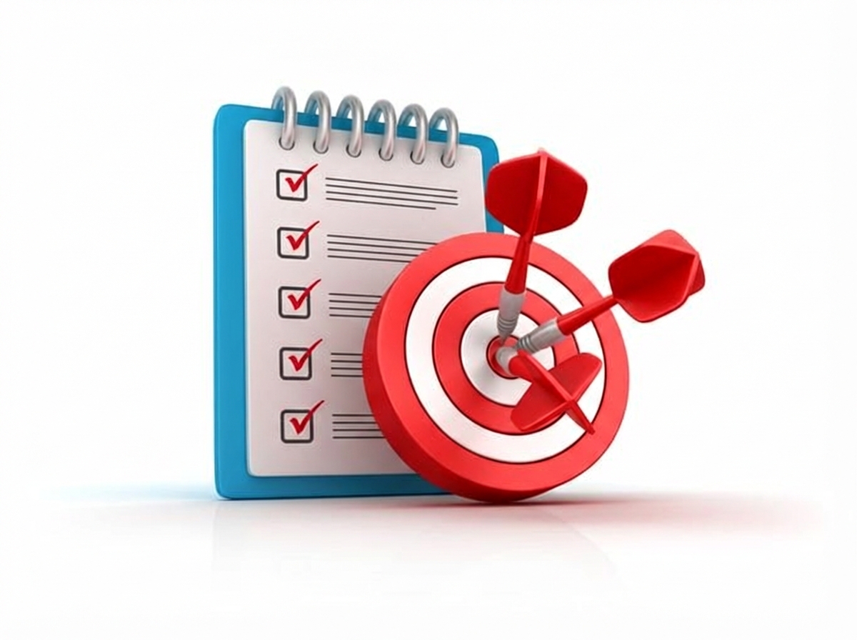 Ein Bild, das eine Checkliste neben einer Dartscheibe zeigt