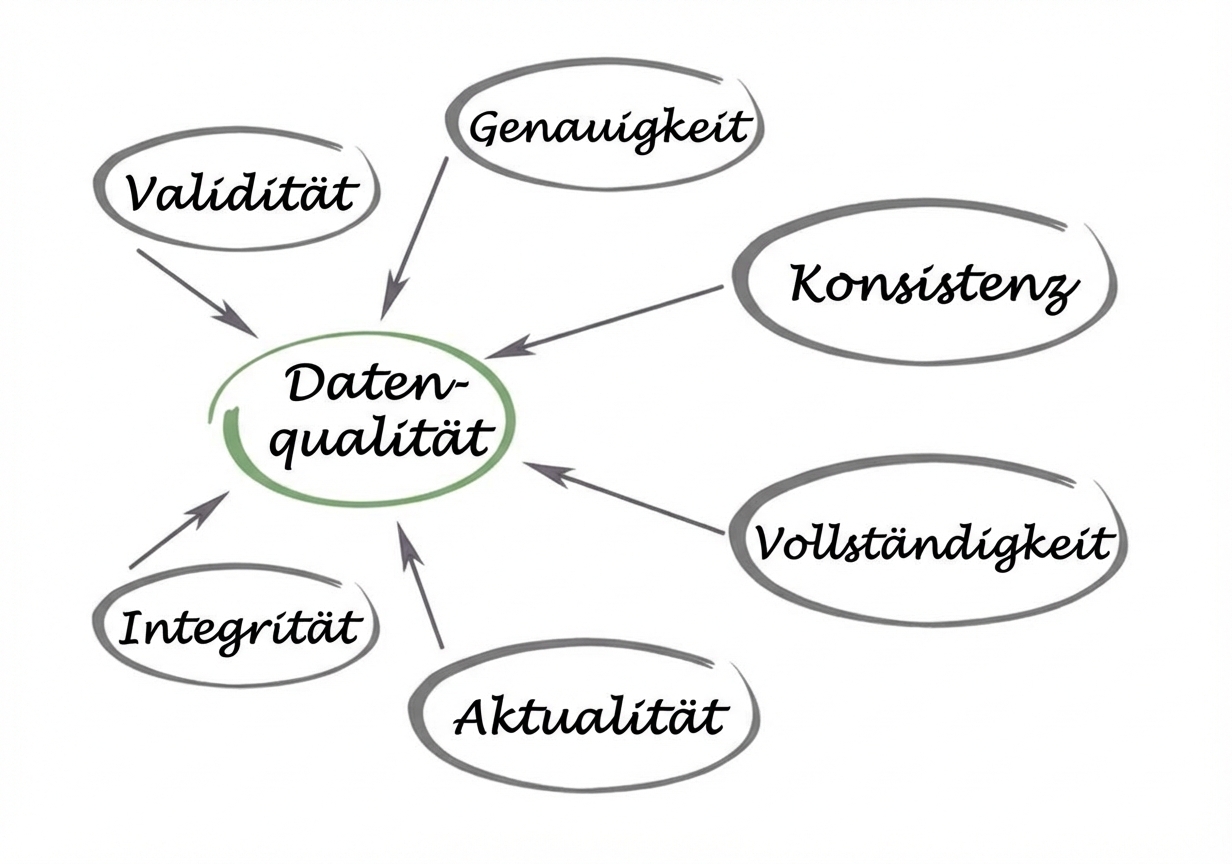 Ein Diagramm, das die Datenqualität in der Mitte zeigt, mit Validität, Genauigkeit, Konsistenz, Vollständigkeit, Aktualität und Integrität, die zur Mitte zeigen.