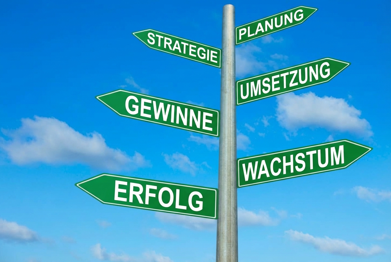 Ein Bild von Straßenschildern mit den Worten Planung, Strategie, Umsetzung, Gewinne, Wachstum und Erfolg