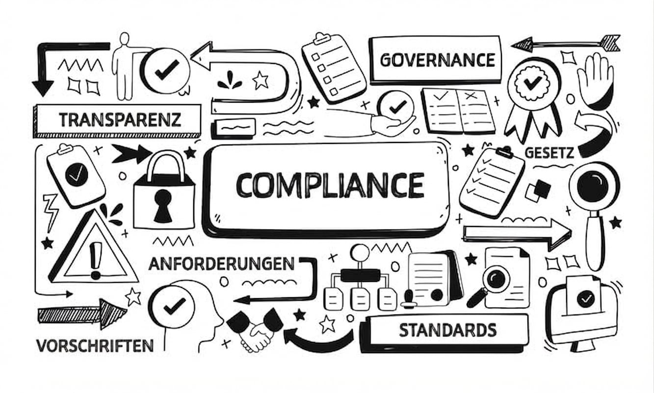 Ein Bild, das das Wort „Compliance“ zeigt, umgeben von verschiedenen Objekten und Wörtern wie Governance, Anforderungen und Vorschriften.