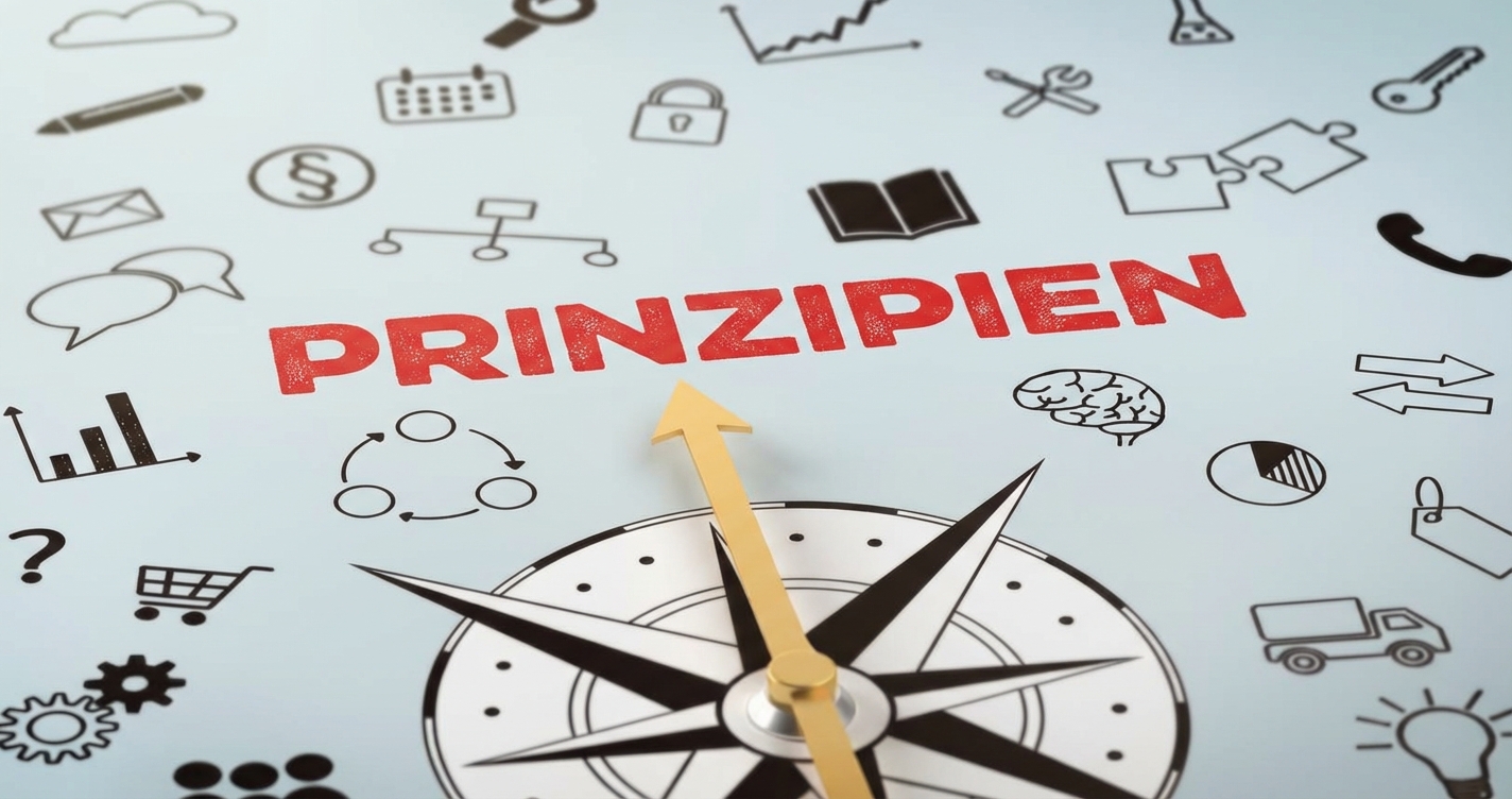 Foto von einem Kompass, der auf das Wort „Prinzipien“ zeigt