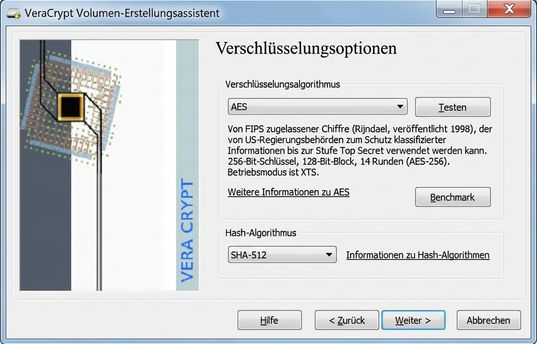 Screenshot einer Open-Source-Verschlüsselungssoftware namens VeraCrypt.